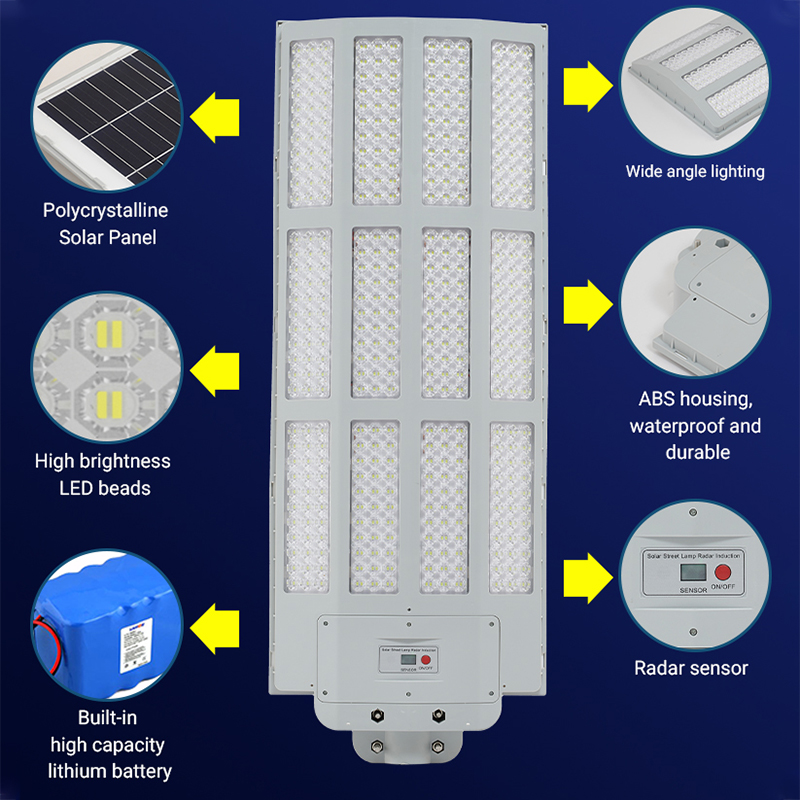 Su geçirmez Büyük 1000w 1200w 1500w Led Solar Sokak Lambası 